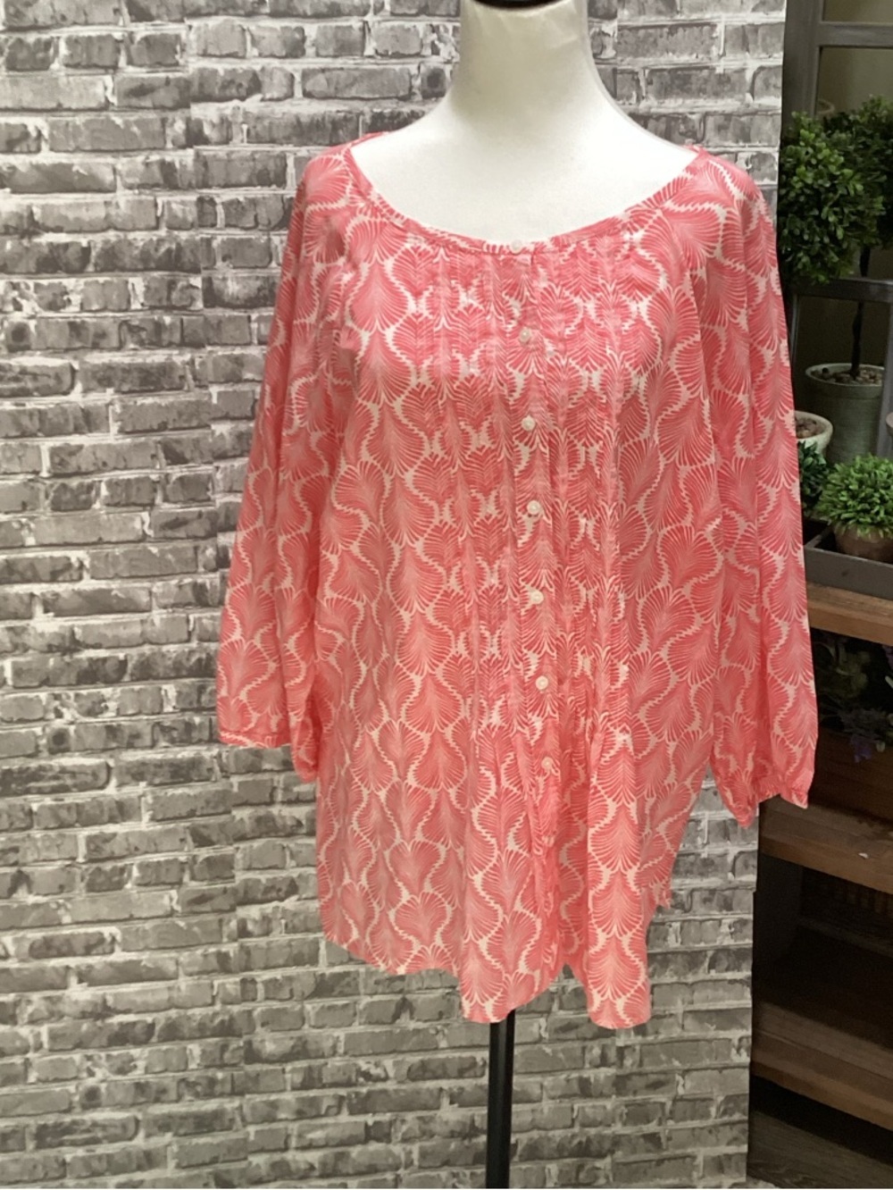 Talbots Pleated Coral Leaf Print Button Up Shirt 3/4 Sleeve Women's Size 2X